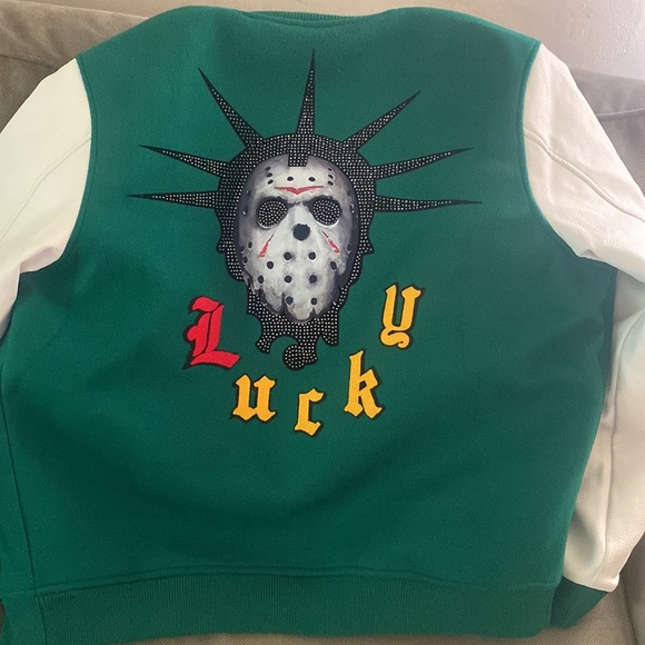 Roku Studio Varsity Jacket, 3XL, Green & White Jason Mask On Front and Back - Picture 2 of 3
